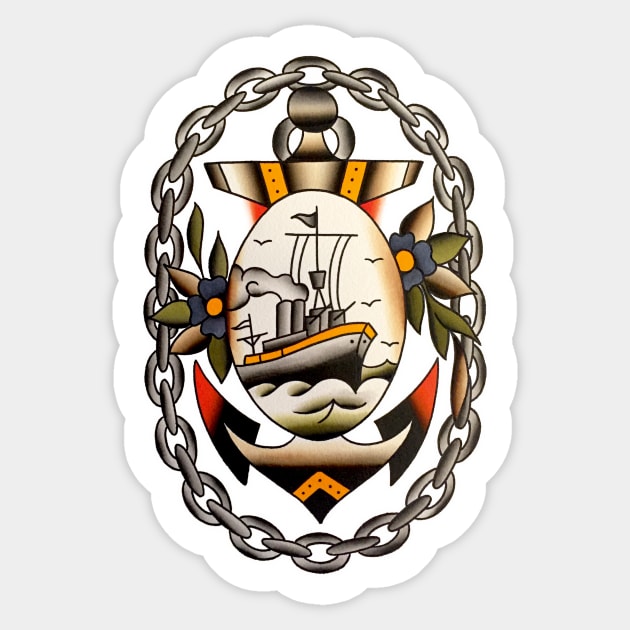 Ship and Anchor Tattoo Design Sticker by forevertruetattoo